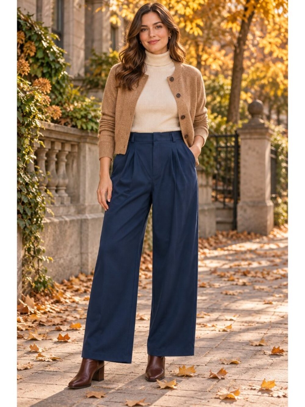 Halara Trousers M Navy Blue Waffle Knit Pleated High Waist Wide Leg Workwear